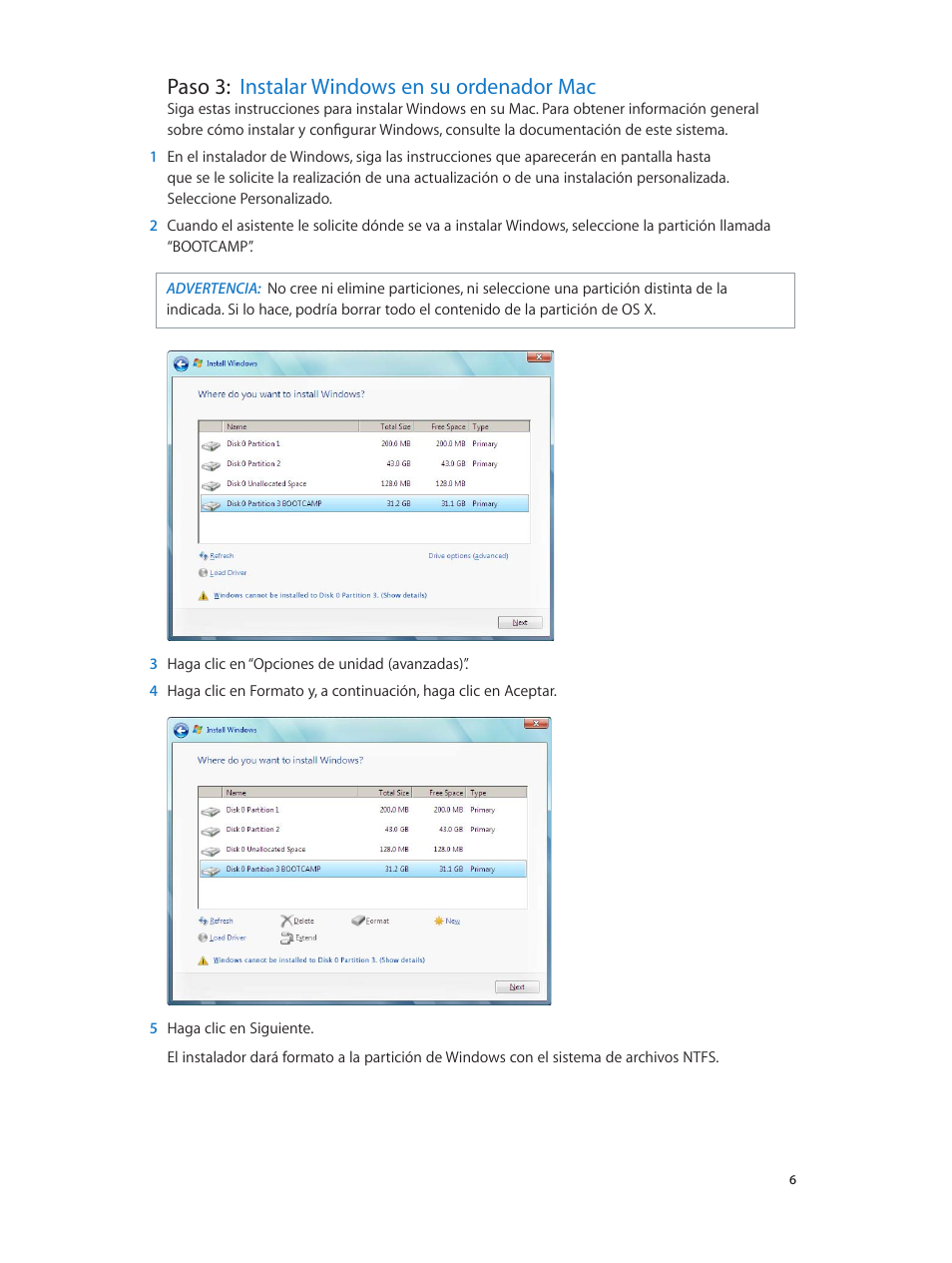 Paso 3: instalar windows en su ordenador mac | Apple Boot Camp (Mountain Lion) User Manual | Page 6 / 11