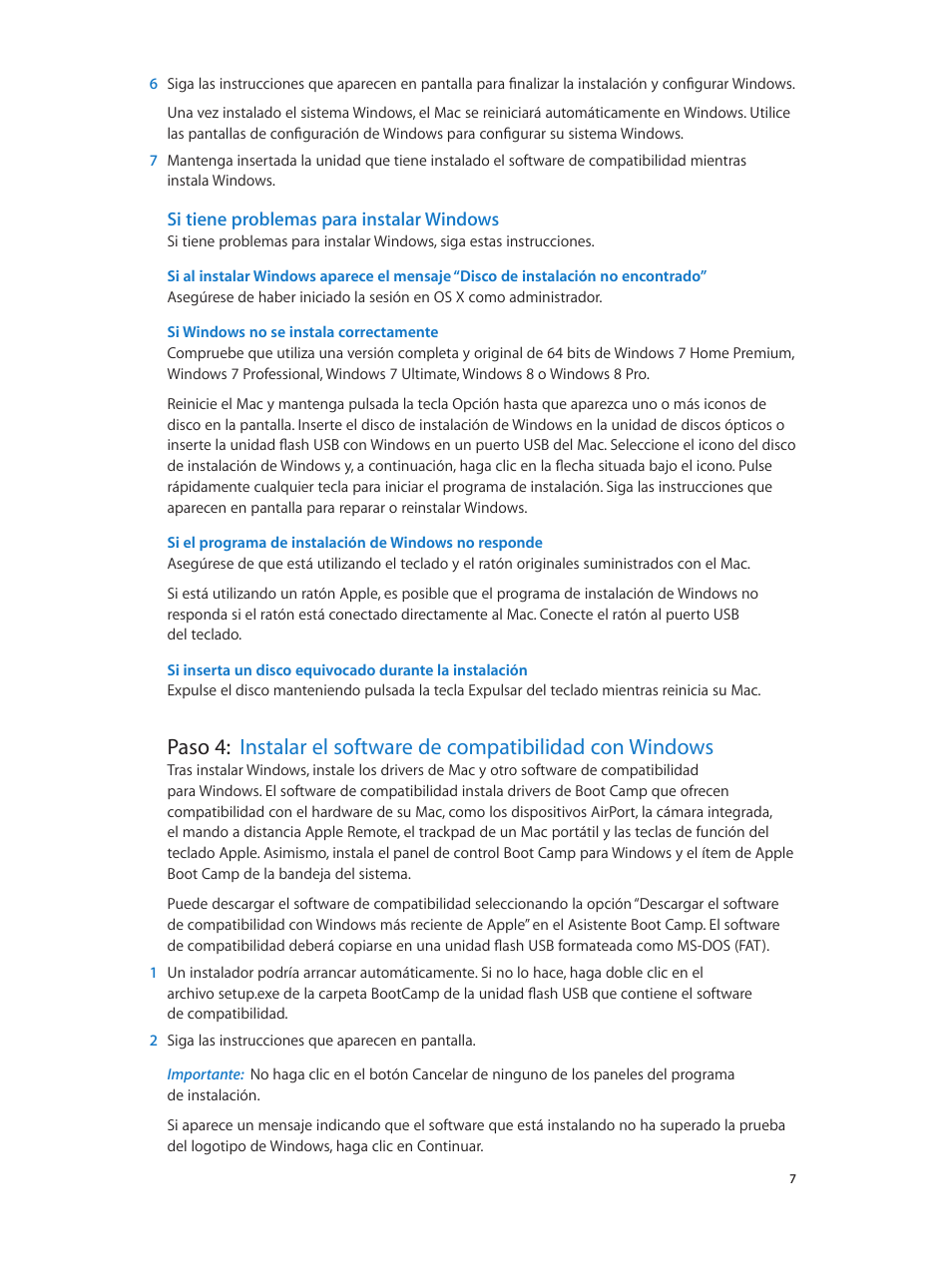 Si tiene problemas para instalar windows, Si windows no se instala correctamente | Apple Boot Camp (Mountain Lion) User Manual | Page 7 / 11