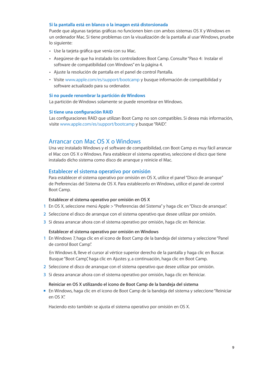 Si no puede renombrar la partición de windows, Si tiene una configuración raid, Arrancar con mac os x o windows | Establecer el sistema operativo por omisión | Apple Boot Camp (Mountain Lion) User Manual | Page 9 / 11