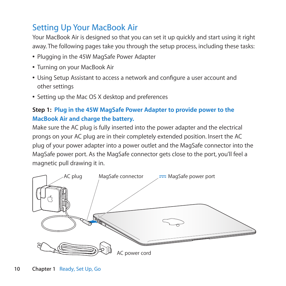 Setting up your macbook air, 10 setting up your macbook air | Apple MacBook Air (13-inch, Late 2010) User Manual | Page 10 / 72