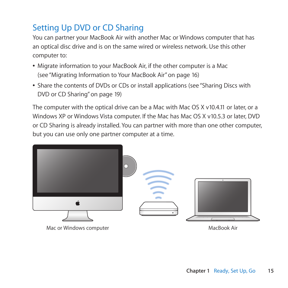 Setting up dvd or cd sharing, 15 setting up dvd or cd sharing | Apple MacBook Air (13-inch, Late 2010) User Manual | Page 15 / 72