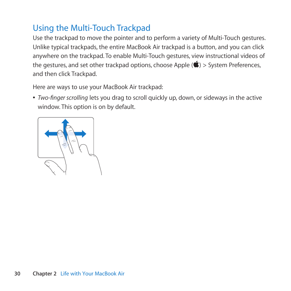 Using the multi-touch trackpad, 30 using the multi-touch trackpad | Apple MacBook Air (13-inch, Late 2010) User Manual | Page 30 / 72