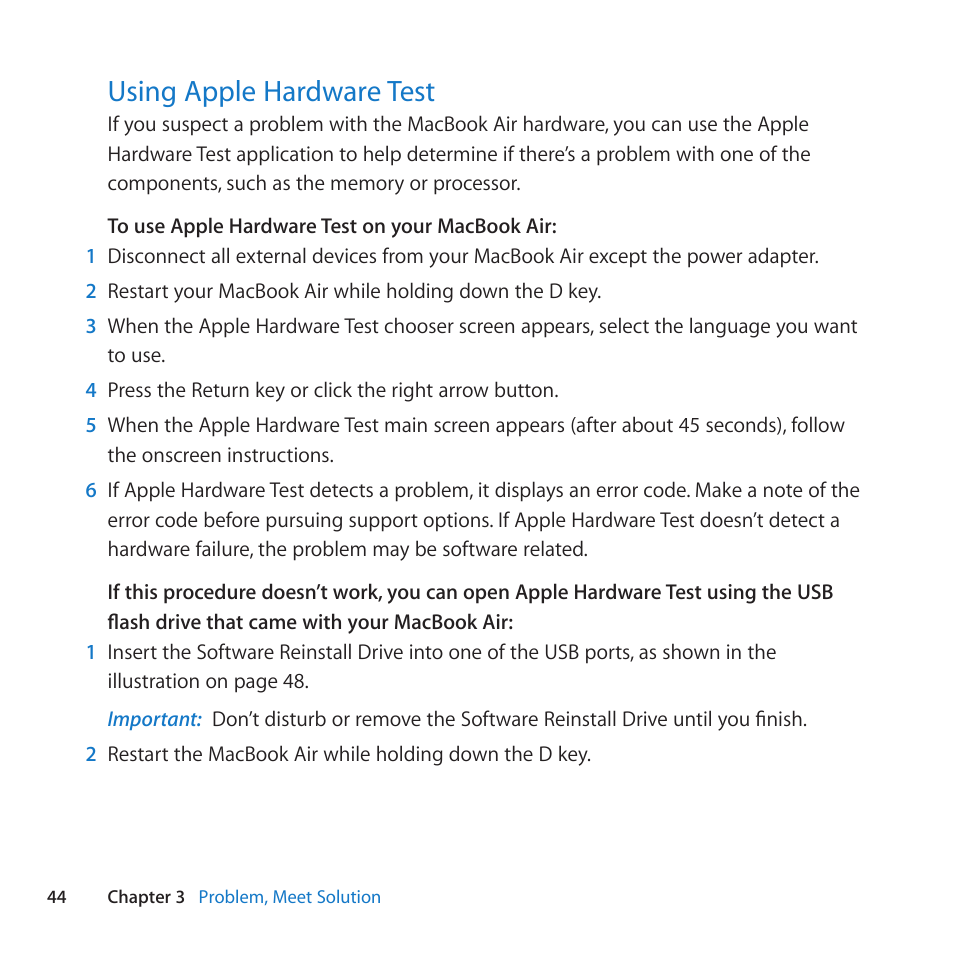 Using apple hardware test, 44 using apple hardware test | Apple MacBook Air (13-inch, Late 2010) User Manual | Page 44 / 72