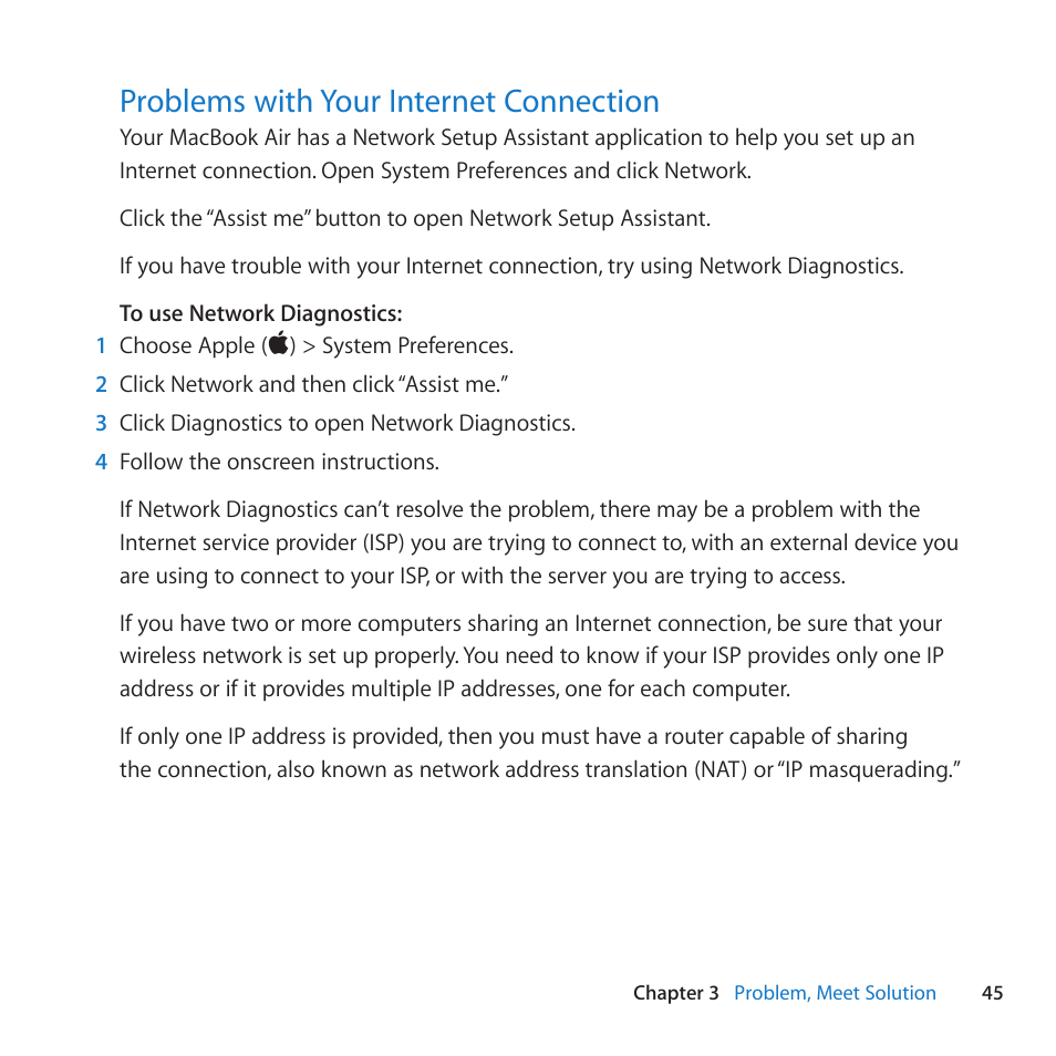 Problems with your internet connection, 45 problems with your internet connection | Apple MacBook Air (13-inch, Late 2010) User Manual | Page 45 / 72