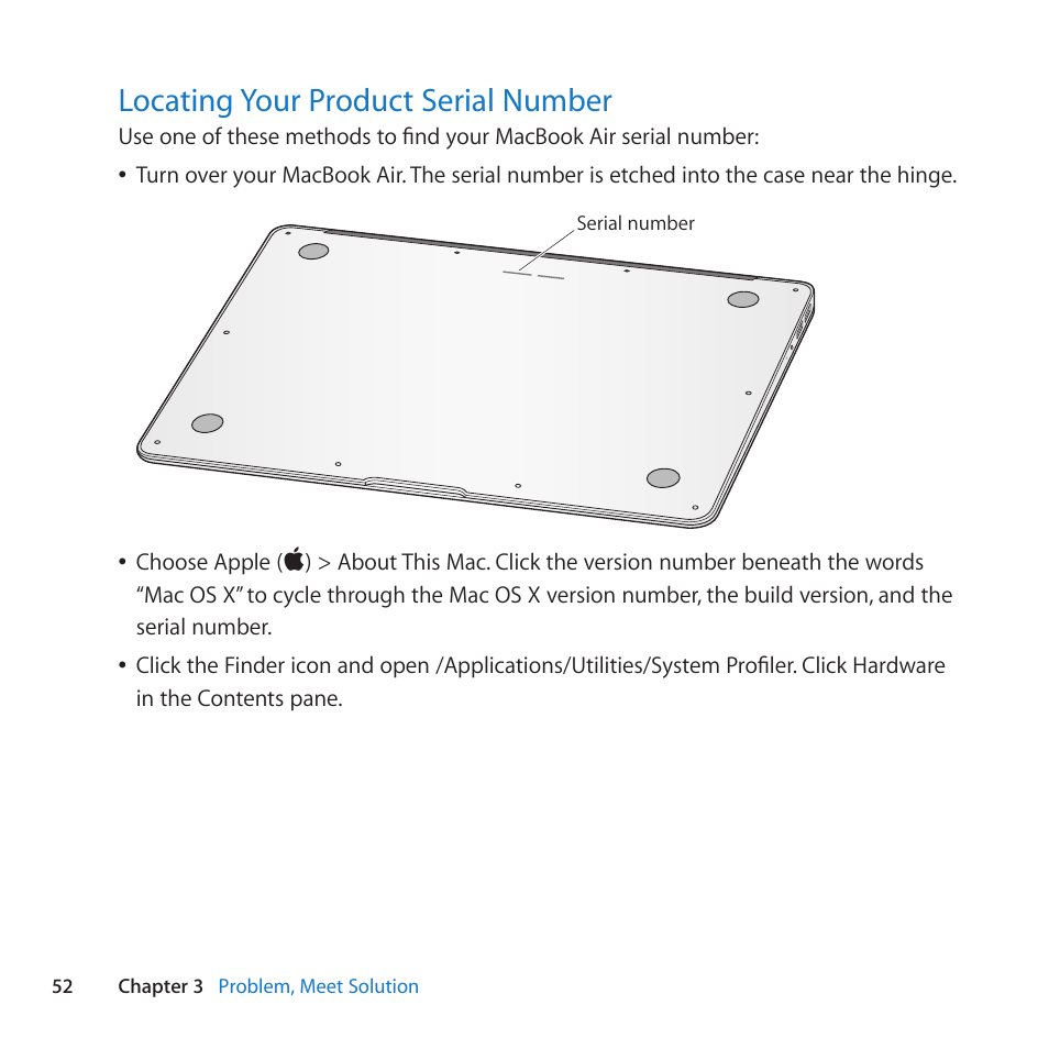 Locating your product serial number, 52 locating your product serial number | Apple MacBook Air (13-inch, Late 2010) User Manual | Page 52 / 72