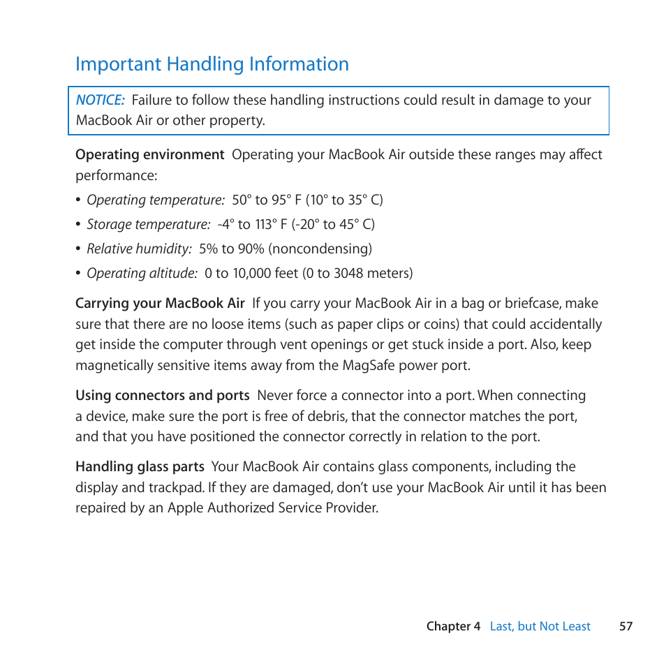 Important handling information, 57 important handling information | Apple MacBook Air (13-inch, Late 2010) User Manual | Page 57 / 72