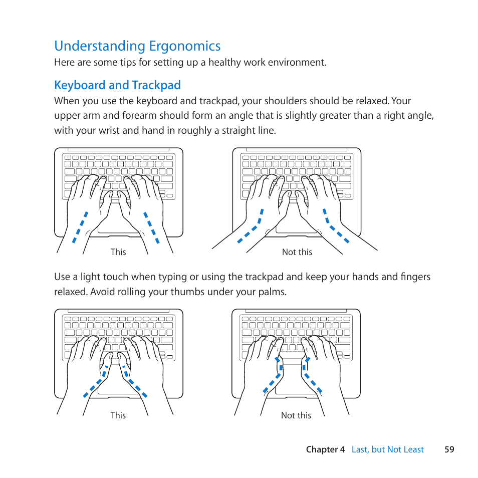 Understanding ergonomics, 59 understanding ergonomics, Keyboard and trackpad | Apple MacBook Air (13-inch, Late 2010) User Manual | Page 59 / 72