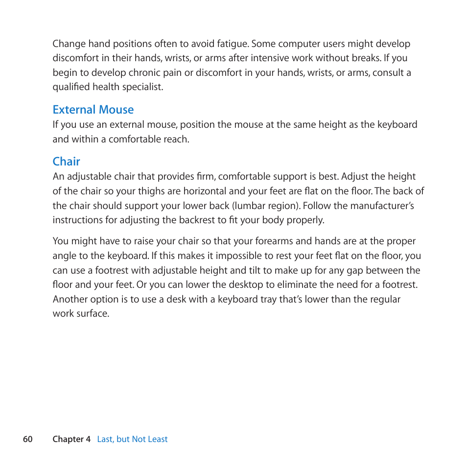 External mouse, Chair | Apple MacBook Air (13-inch, Late 2010) User Manual | Page 60 / 72