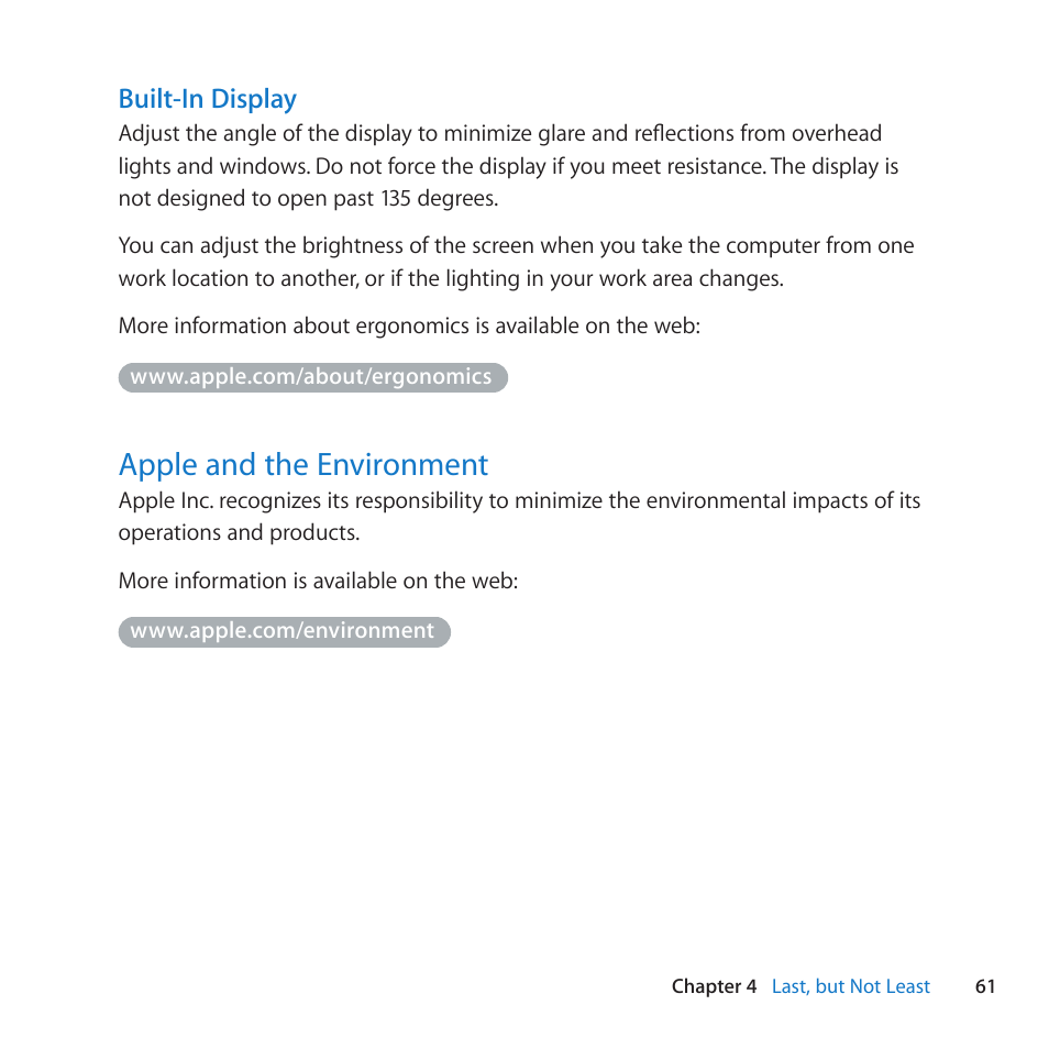 Apple and the environment, 61 apple and the environment, Built-in display | Apple MacBook Air (13-inch, Late 2010) User Manual | Page 61 / 72