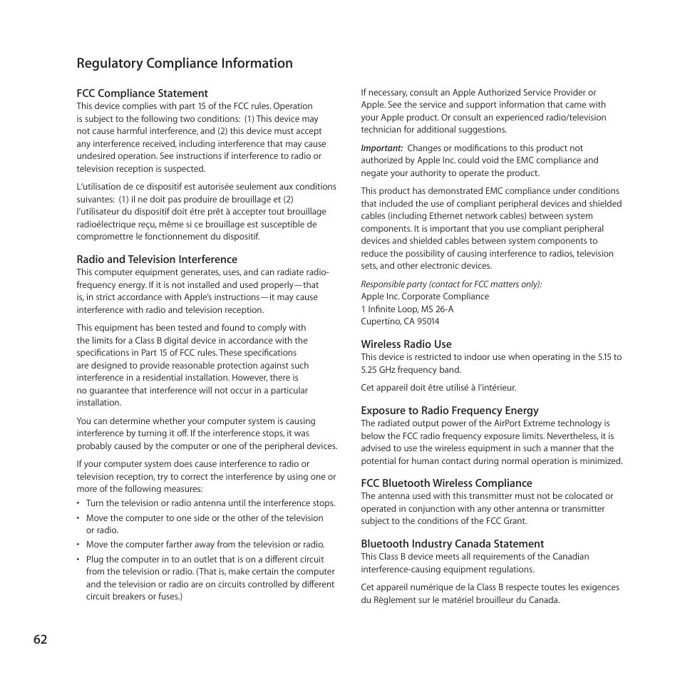 Regulatory compliance information, 62 regulatory compliance information | Apple MacBook Air (13-inch, Late 2010) User Manual | Page 62 / 72