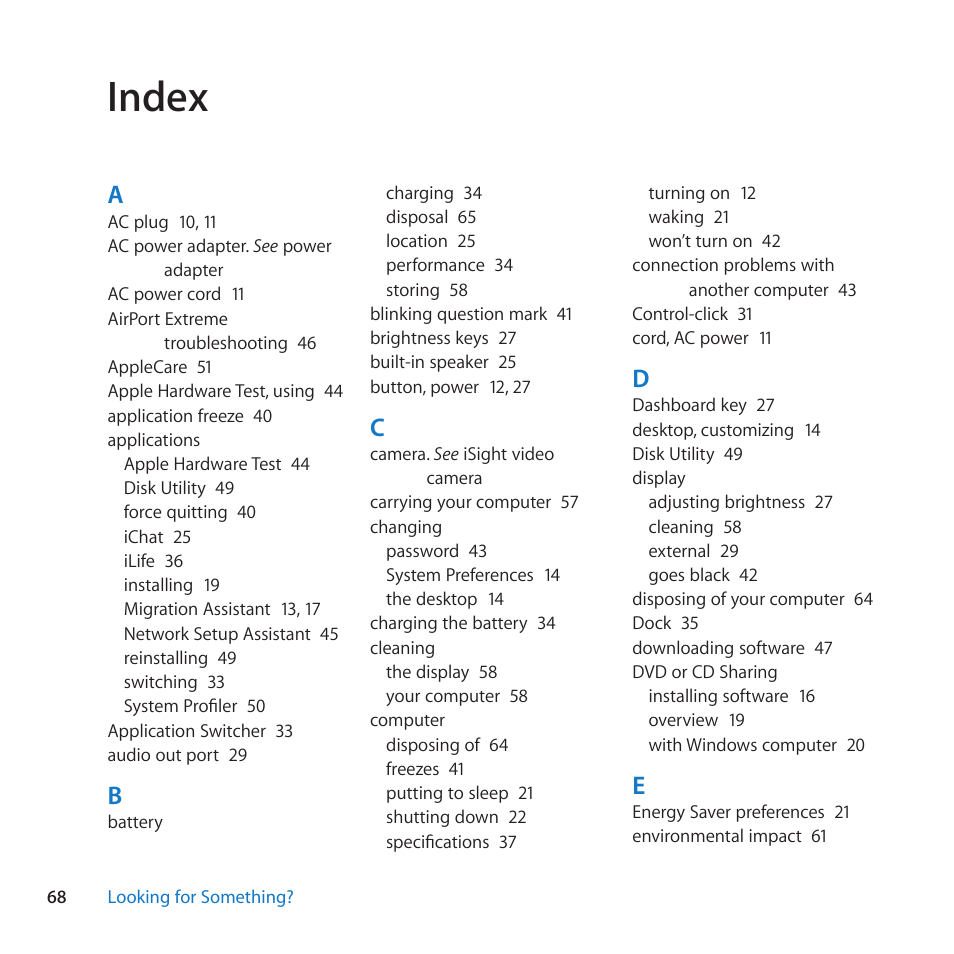 Index, 68 index | Apple MacBook Air (13-inch, Late 2010) User Manual | Page 68 / 72