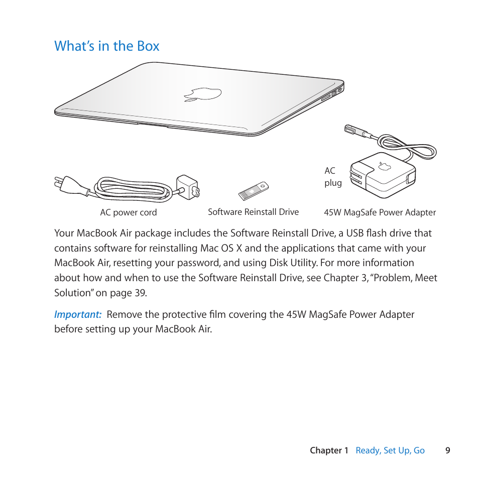 What’s in the box, 9 what’s in the box | Apple MacBook Air (13-inch, Late 2010) User Manual | Page 9 / 72