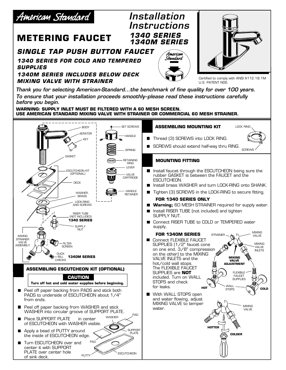 American Standard 1340M Series User Manual | 2 pages