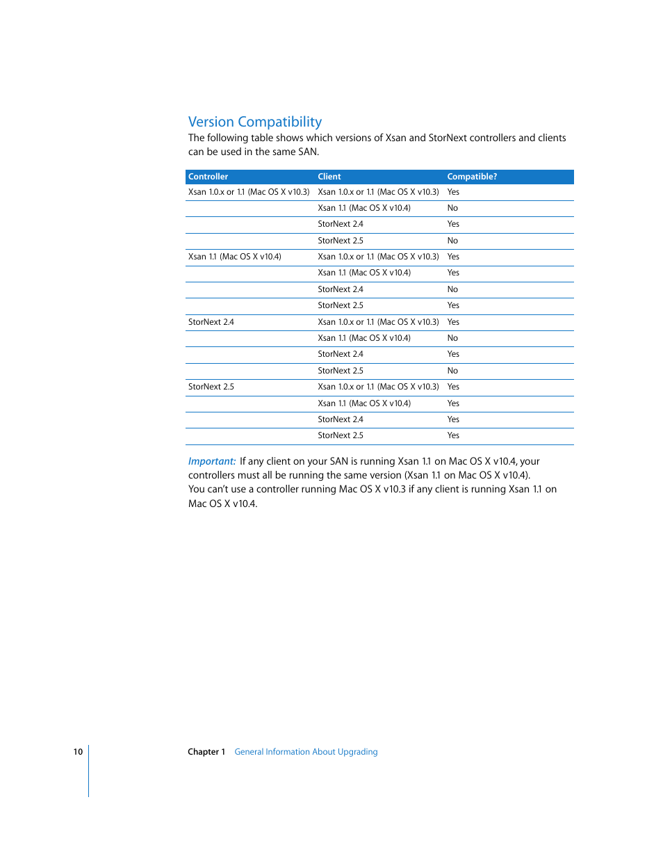 Version compatibility | Apple Xsan 1.1 User Manual | Page 10 / 25