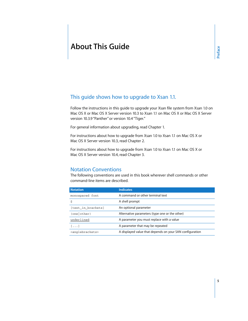 About this guide, Notation conventions, Preface | This guide shows how to upgrade to xsan 1.1 | Apple Xsan 1.1 User Manual | Page 5 / 25