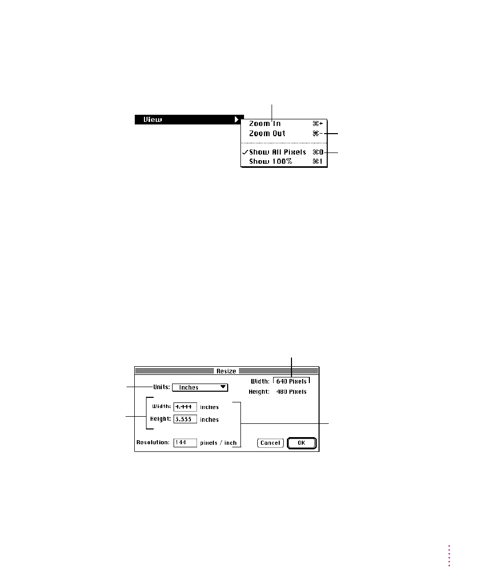 Zoom views in the image window 27, Changing the printed size of a picture 27, Zoom views in the image window | Changing the printed size of a picture | Apple QuickTake 100 User Manual | Page 34 / 79