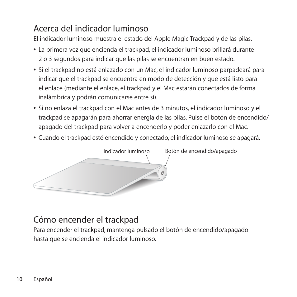 Acerca del indicador luminoso, Cómo encender el trackpad | Apple Magic Trackpad User Manual | Page 10 / 40