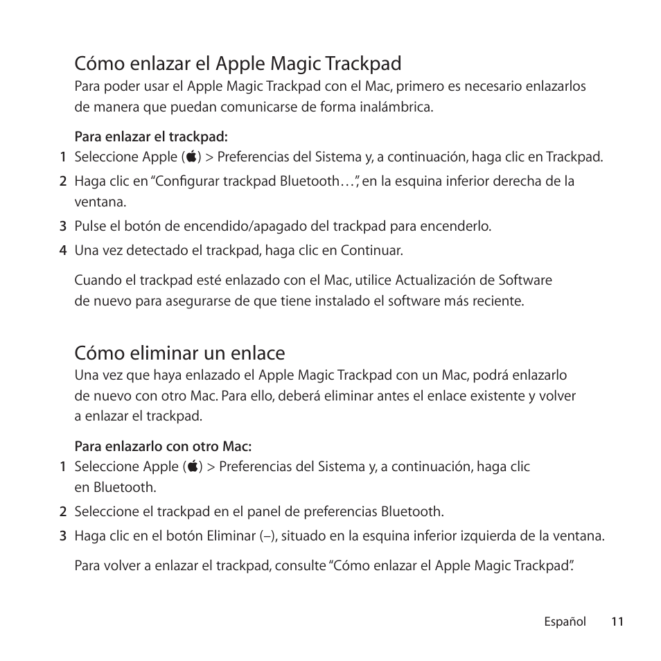 Cómo enlazar el apple magic trackpad, Cómo eliminar un enlace | Apple Magic Trackpad User Manual | Page 11 / 40