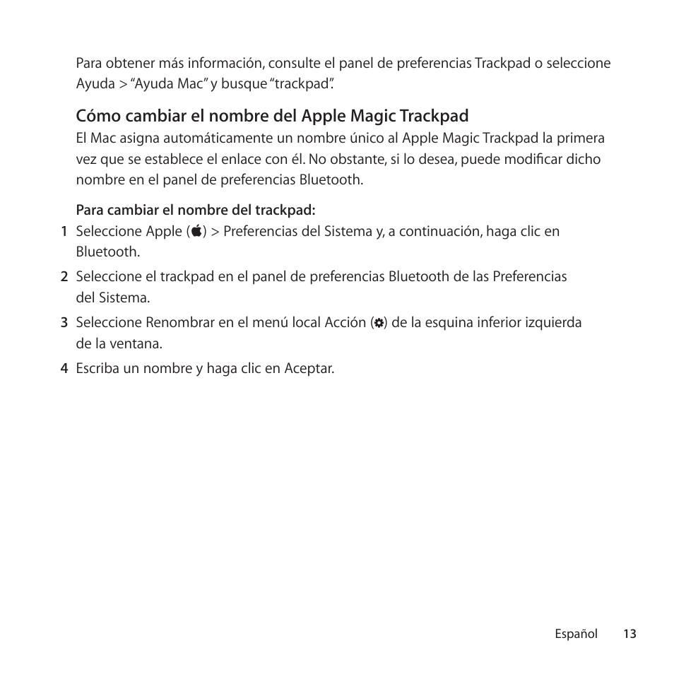 Cómo cambiar el nombre del apple magic trackpad | Apple Magic Trackpad User Manual | Page 13 / 40
