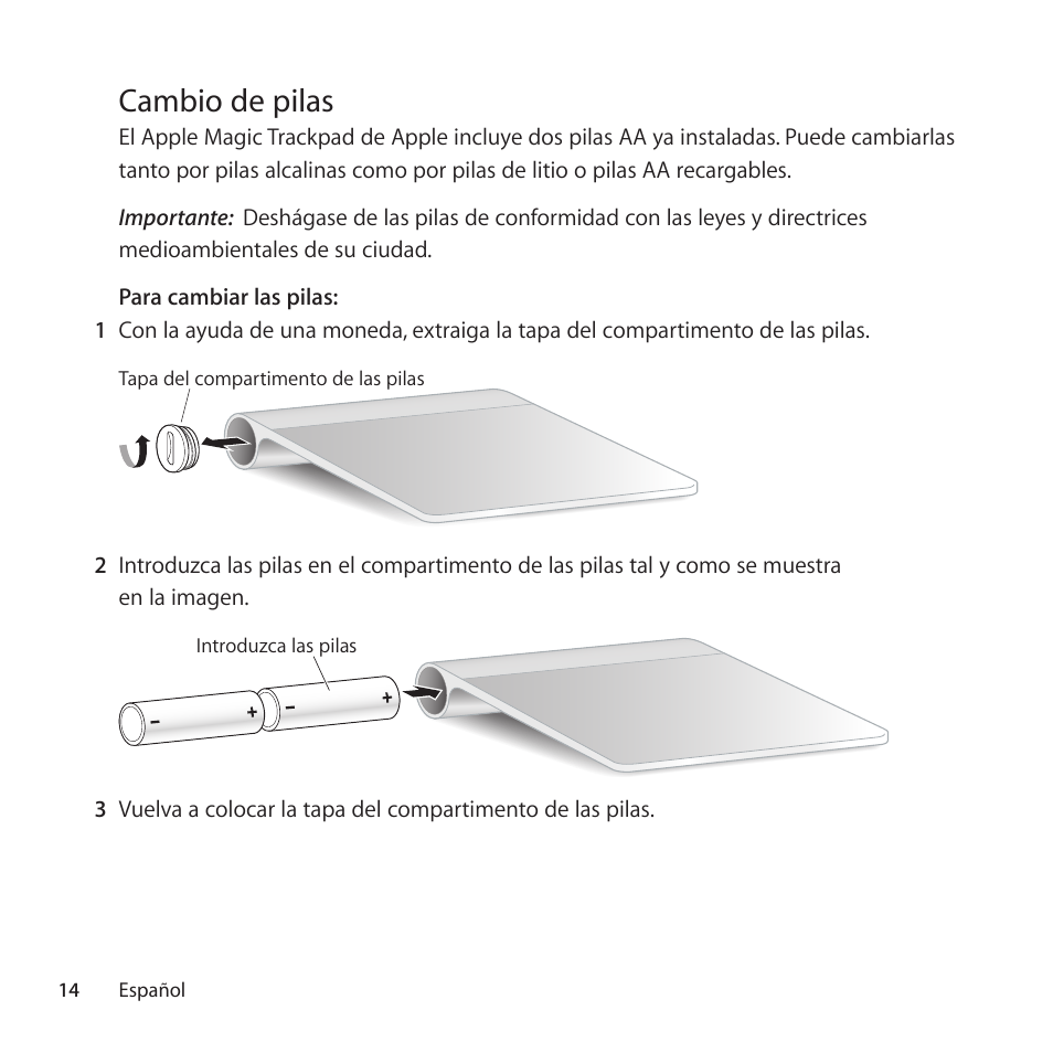 Cambio de pilas | Apple Magic Trackpad User Manual | Page 14 / 40