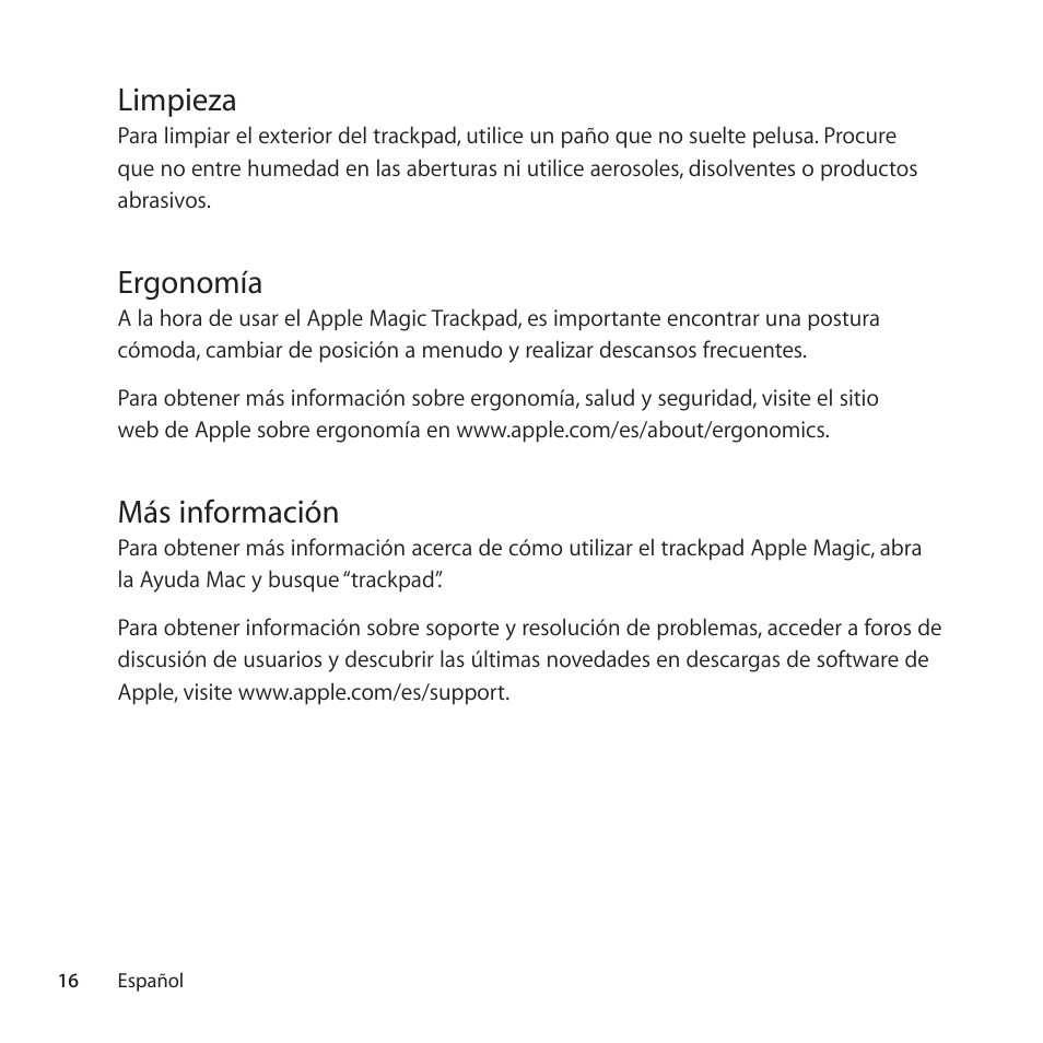 Limpieza, Ergonomía, Más información | Apple Magic Trackpad User Manual | Page 16 / 40