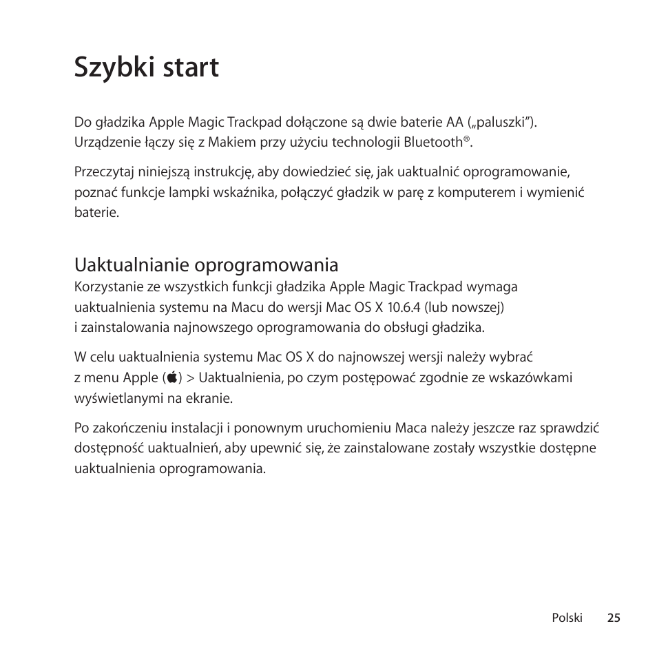 Szybki start, Uaktualnianie oprogramowania | Apple Magic Trackpad User Manual | Page 25 / 40