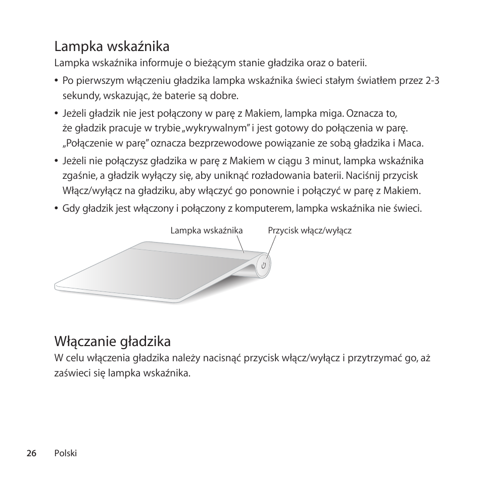 Lampka wskaźnika, Włączanie gładzika | Apple Magic Trackpad User Manual | Page 26 / 40