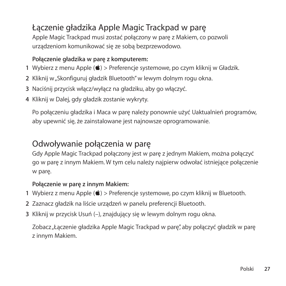 Łączenie gładzika apple magic trackpad w parę, Odwoływanie połączenia w parę | Apple Magic Trackpad User Manual | Page 27 / 40