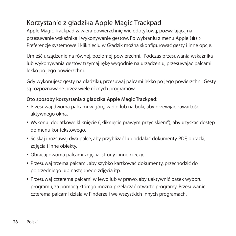 Korzystanie z gładzika apple magic trackpad | Apple Magic Trackpad User Manual | Page 28 / 40