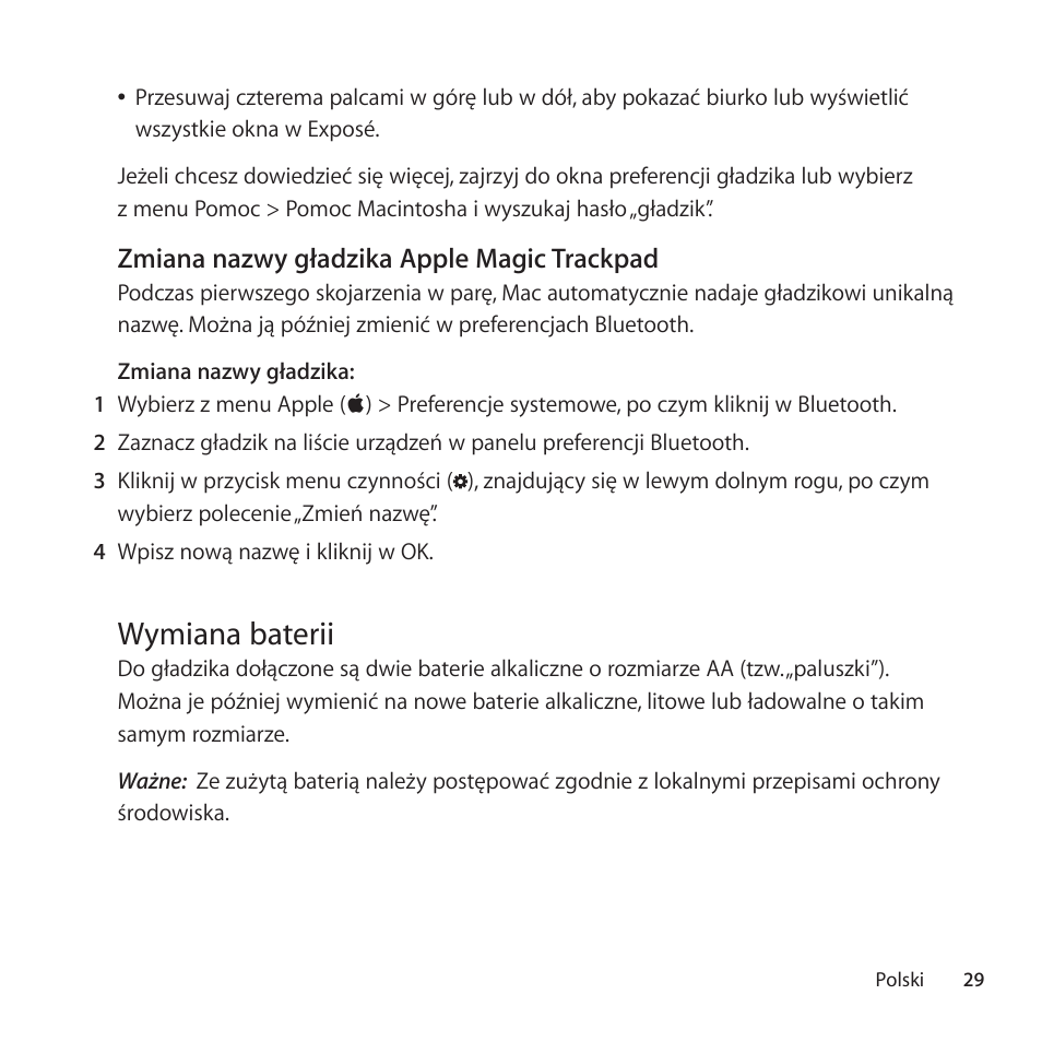 Wymiana baterii | Apple Magic Trackpad User Manual | Page 29 / 40