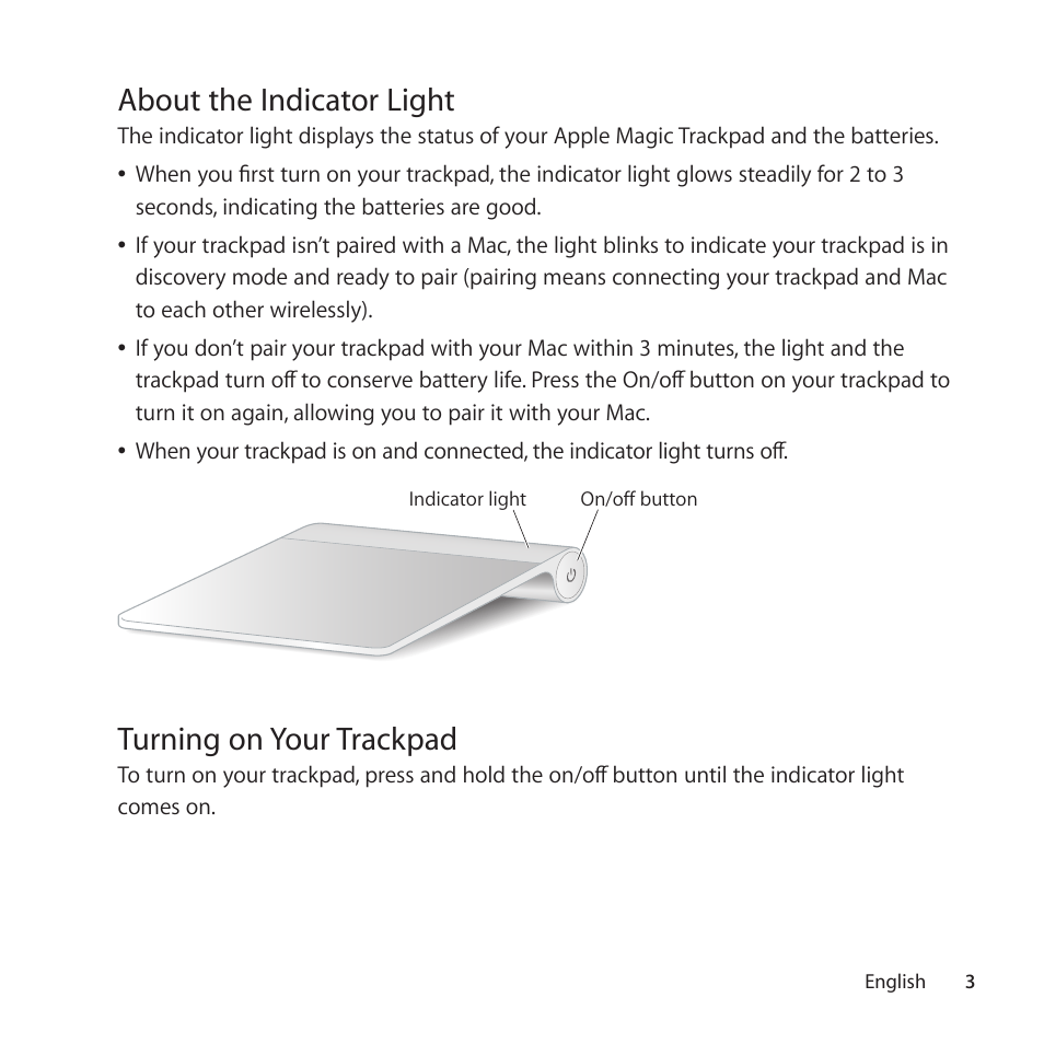 About the indicator light, Turning on your trackpad | Apple Magic Trackpad User Manual | Page 3 / 40