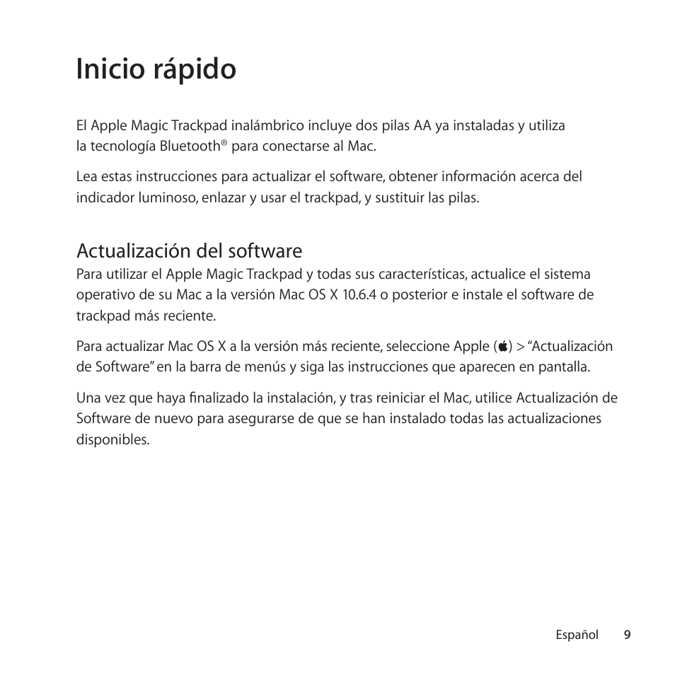 Inicio rápido, Actualización del software | Apple Magic Trackpad User Manual | Page 9 / 40