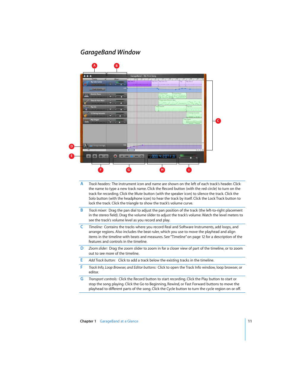 Garageband window | Apple GarageBand 2.0 User Manual | Page 11 / 77