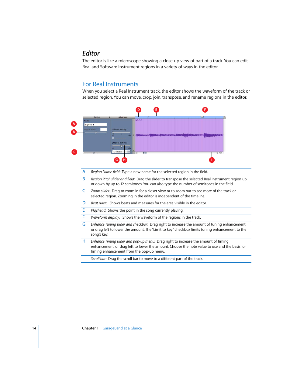 Editor, For real instruments | Apple GarageBand 2.0 User Manual | Page 14 / 77