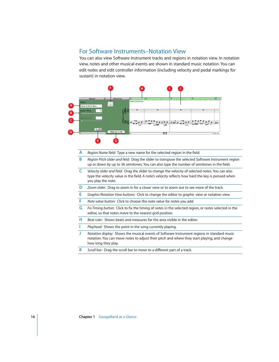 For software instruments–notation view | Apple GarageBand 2.0 User Manual | Page 16 / 77