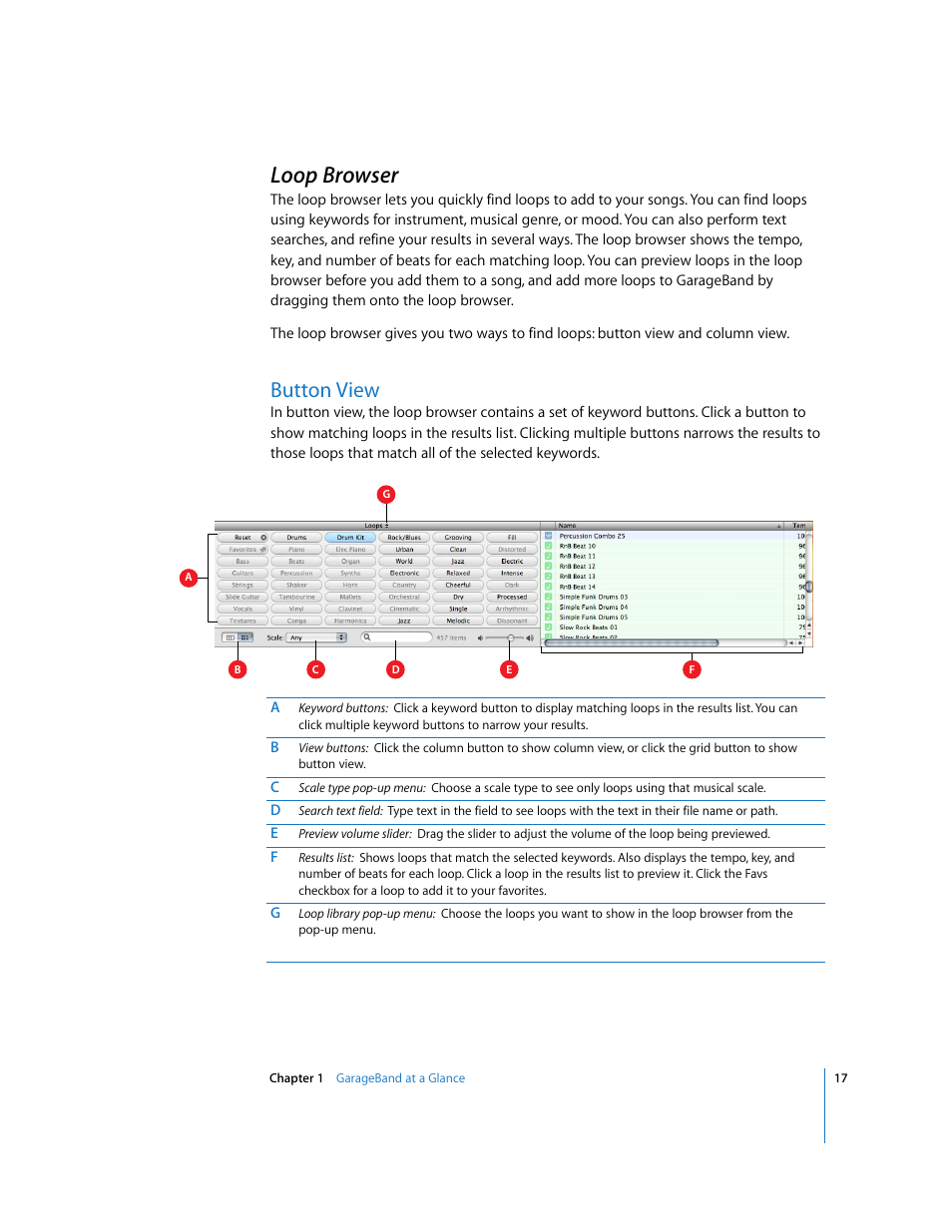 Loop browser, Button view | Apple GarageBand 2.0 User Manual | Page 17 / 77