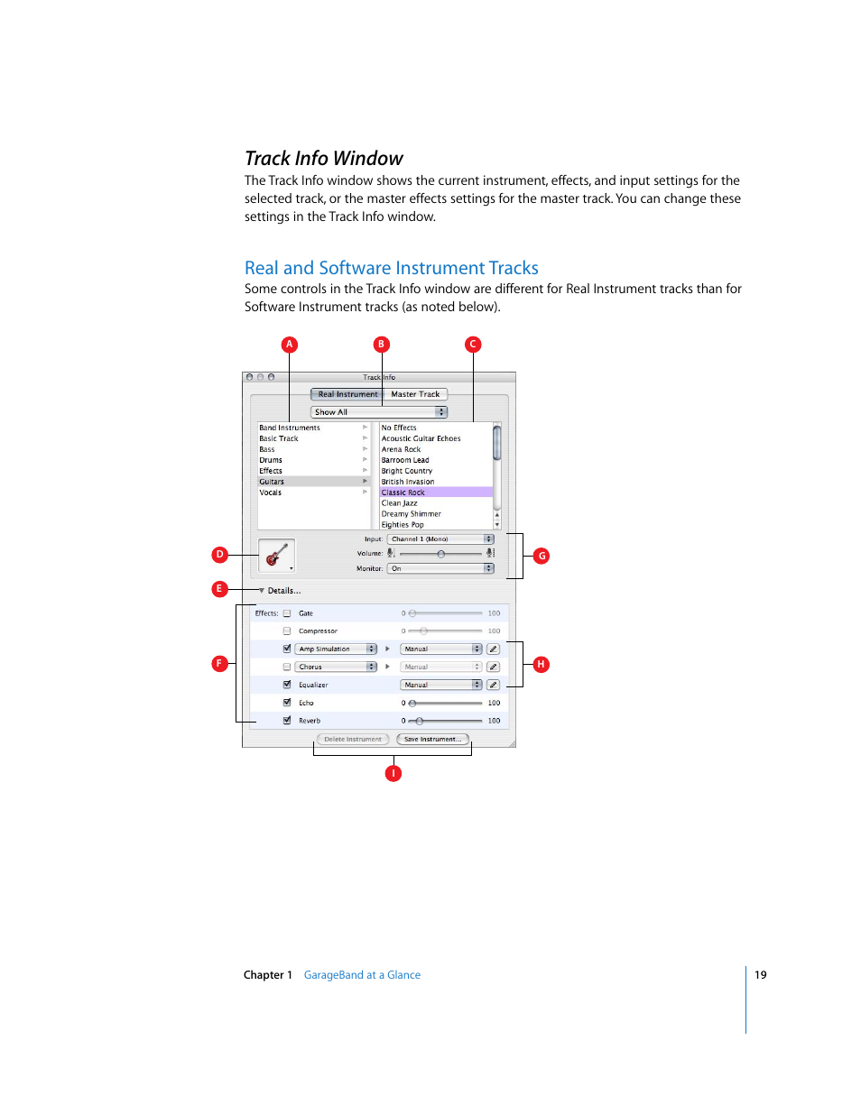 Track info window, Real and software instrument tracks | Apple GarageBand 2.0 User Manual | Page 19 / 77