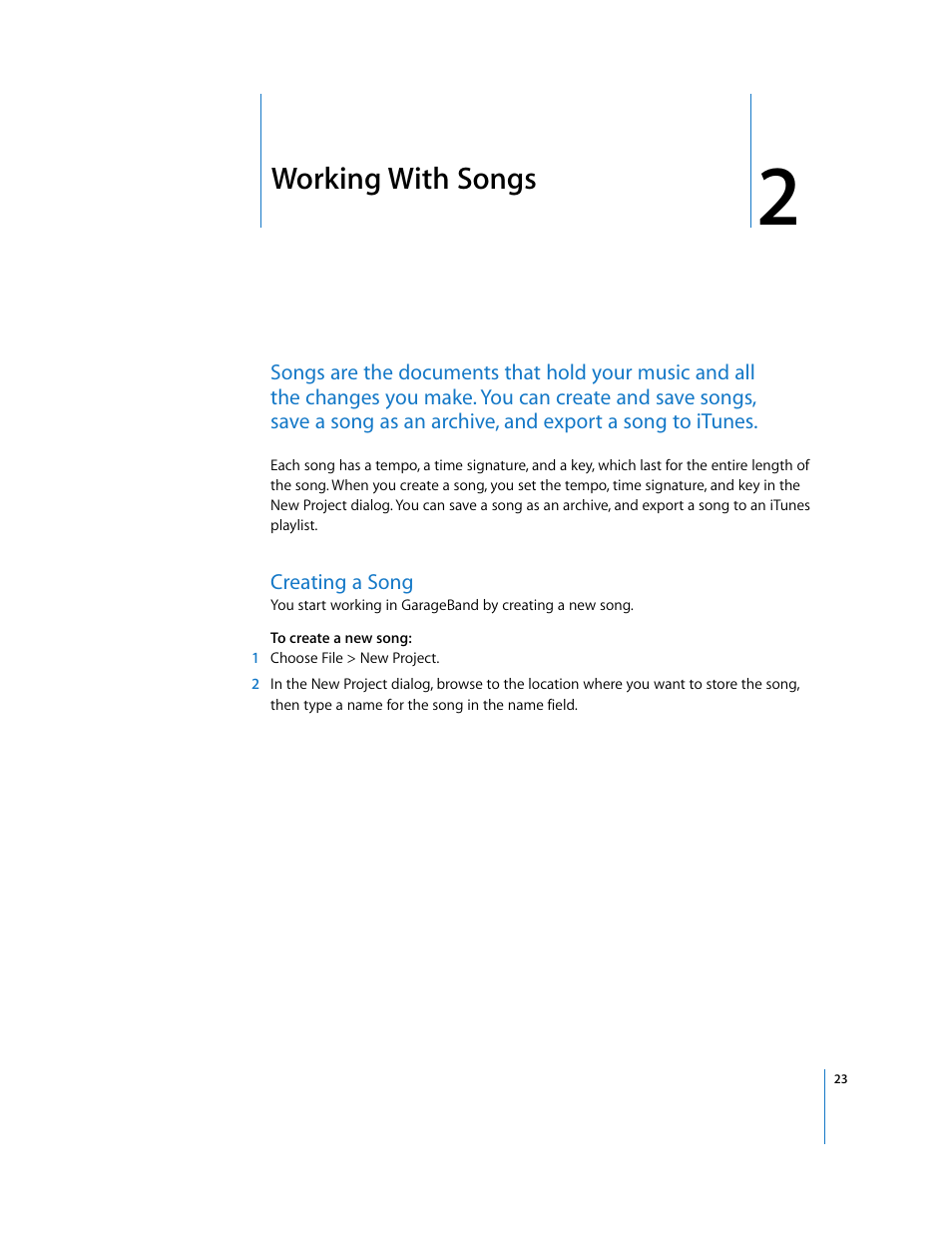 Working with songs, Creating a song, Chapter | Working with songs” de | Apple GarageBand 2.0 User Manual | Page 23 / 77