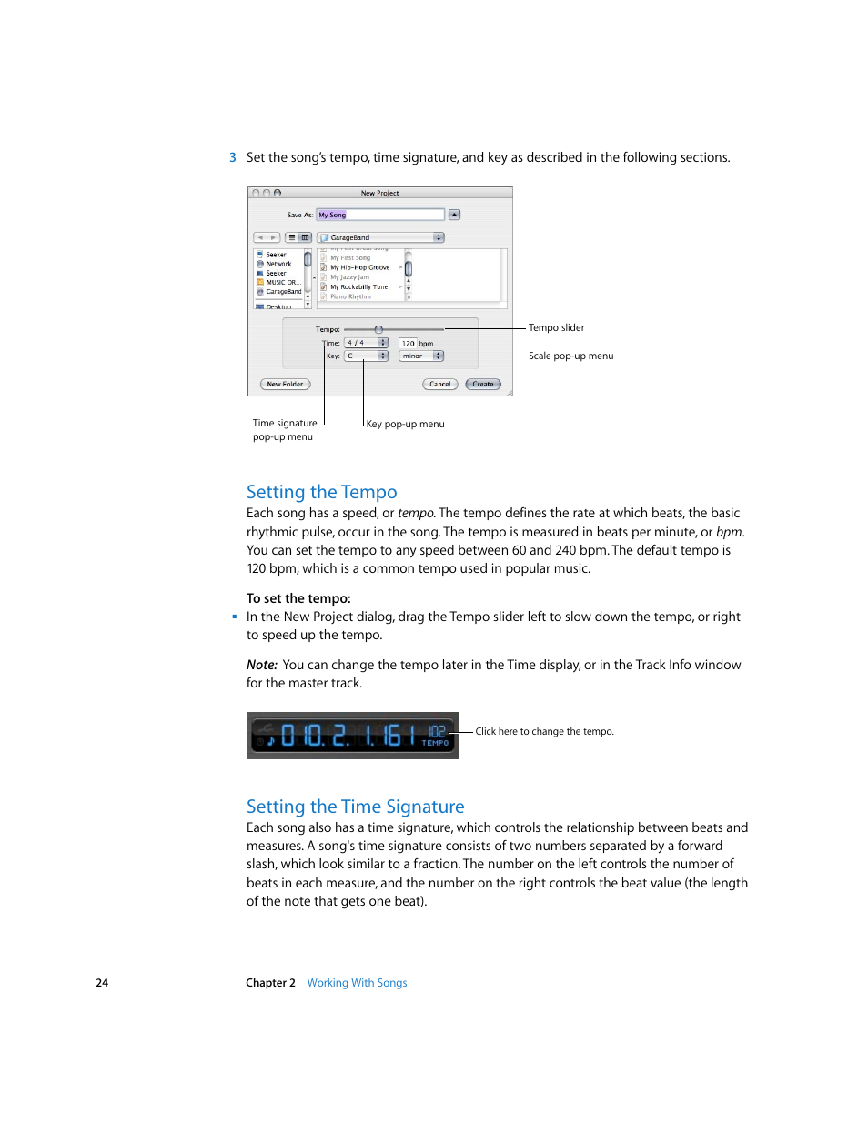 Setting the tempo, Setting the time signature | Apple GarageBand 2.0 User Manual | Page 24 / 77