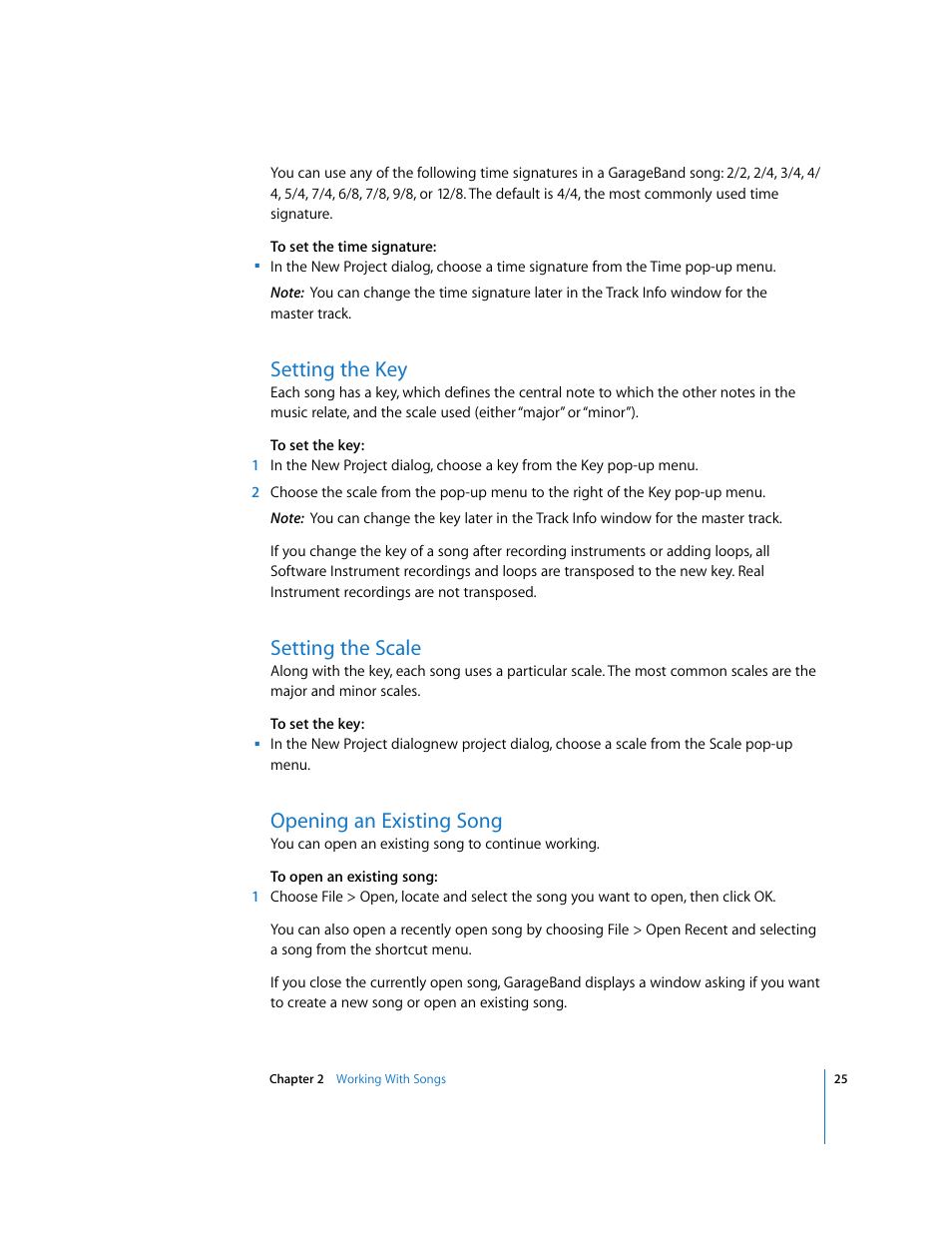 Setting the key, Setting the scale, Opening an existing song | Apple GarageBand 2.0 User Manual | Page 25 / 77