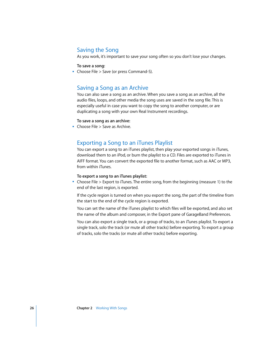 Saving the song, Saving a song as an archive, Exporting a song to an itunes playlist | Apple GarageBand 2.0 User Manual | Page 26 / 77