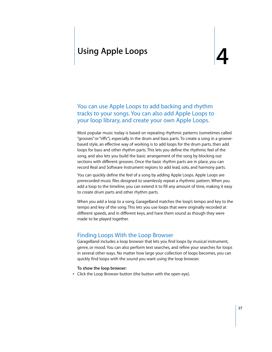 Using apple loops, Finding loops with the loop browser, Chapter | Using apple loops” de | Apple GarageBand 2.0 User Manual | Page 27 / 77