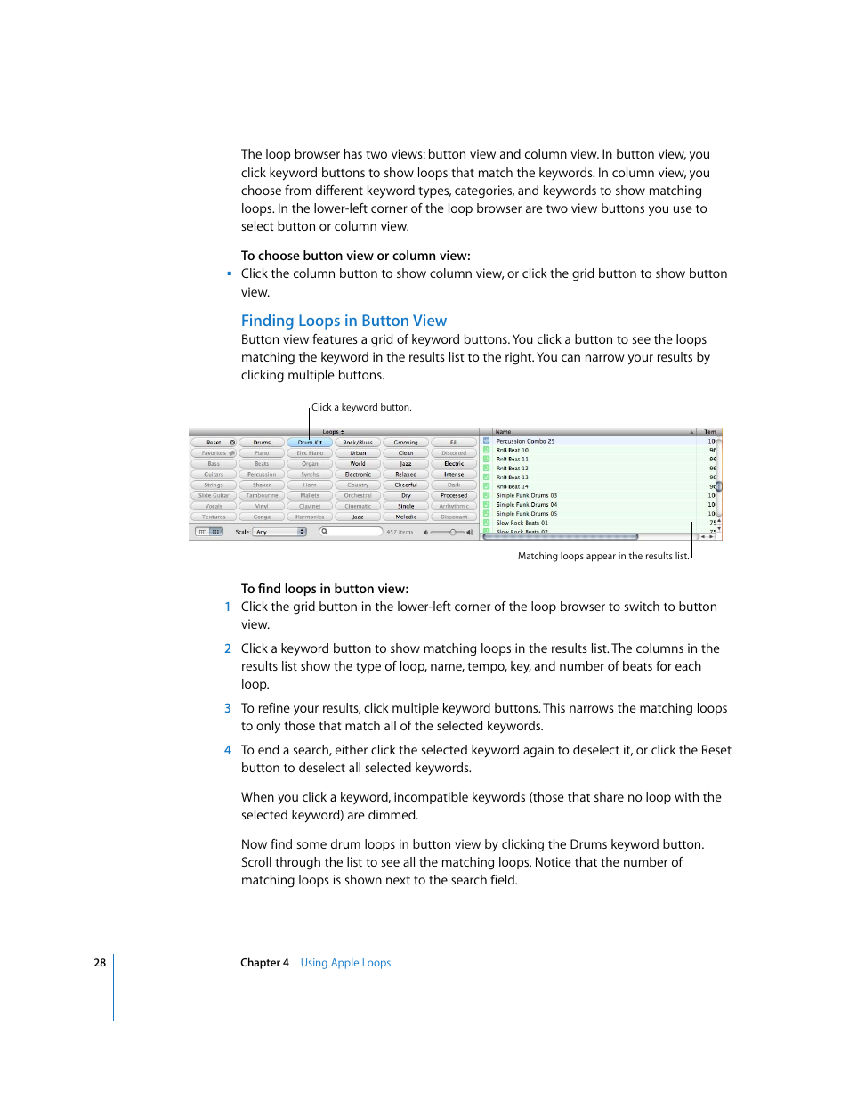 Finding loops in button view | Apple GarageBand 2.0 User Manual | Page 28 / 77