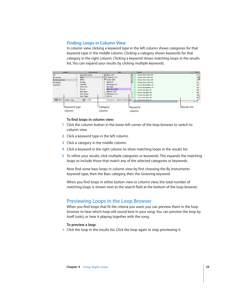 Finding loops in column view, Previewing loops in the loop browser | Apple GarageBand 2.0 User Manual | Page 29 / 77