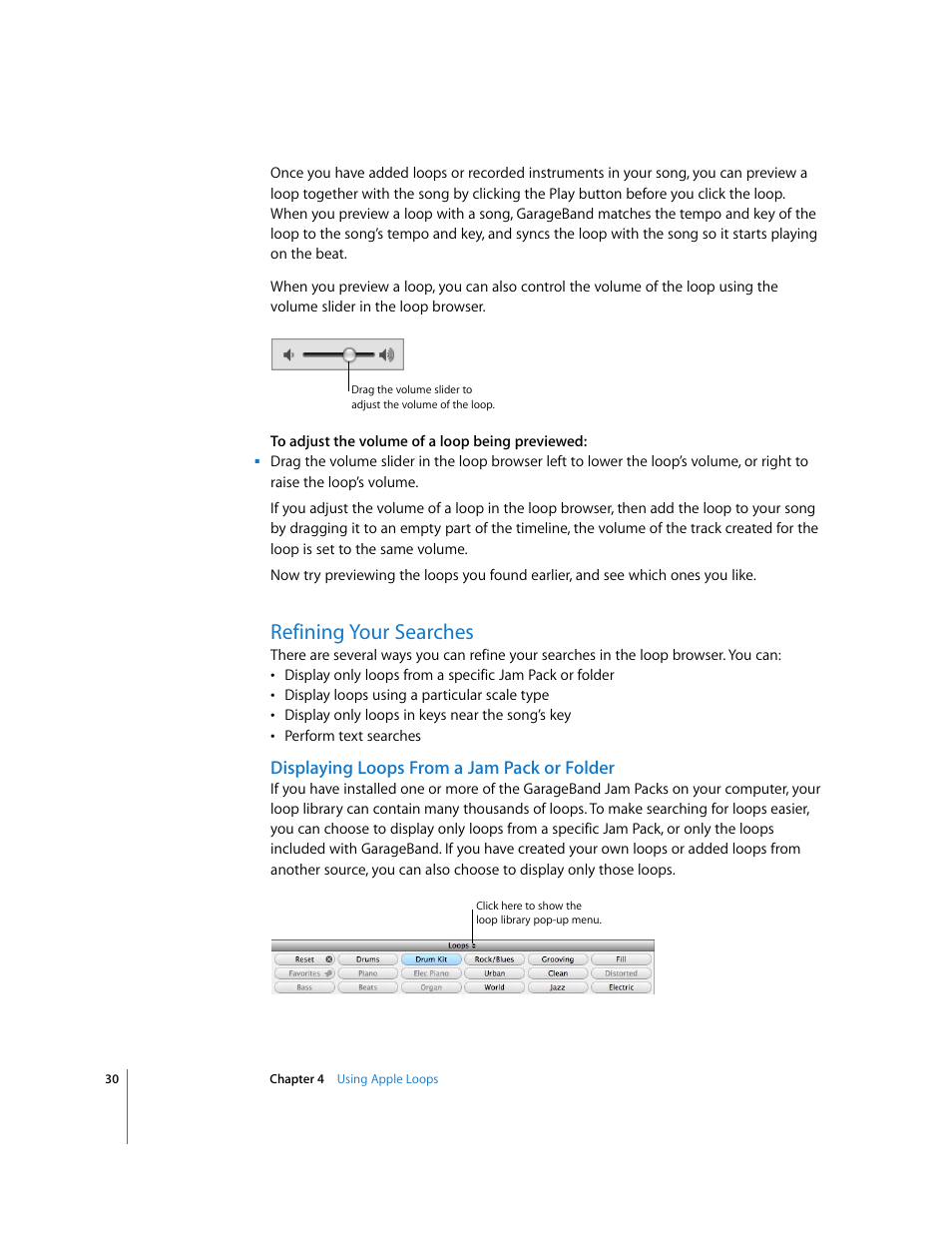 Refining your searches, Displaying loops from a jam pack or folder | Apple GarageBand 2.0 User Manual | Page 30 / 77