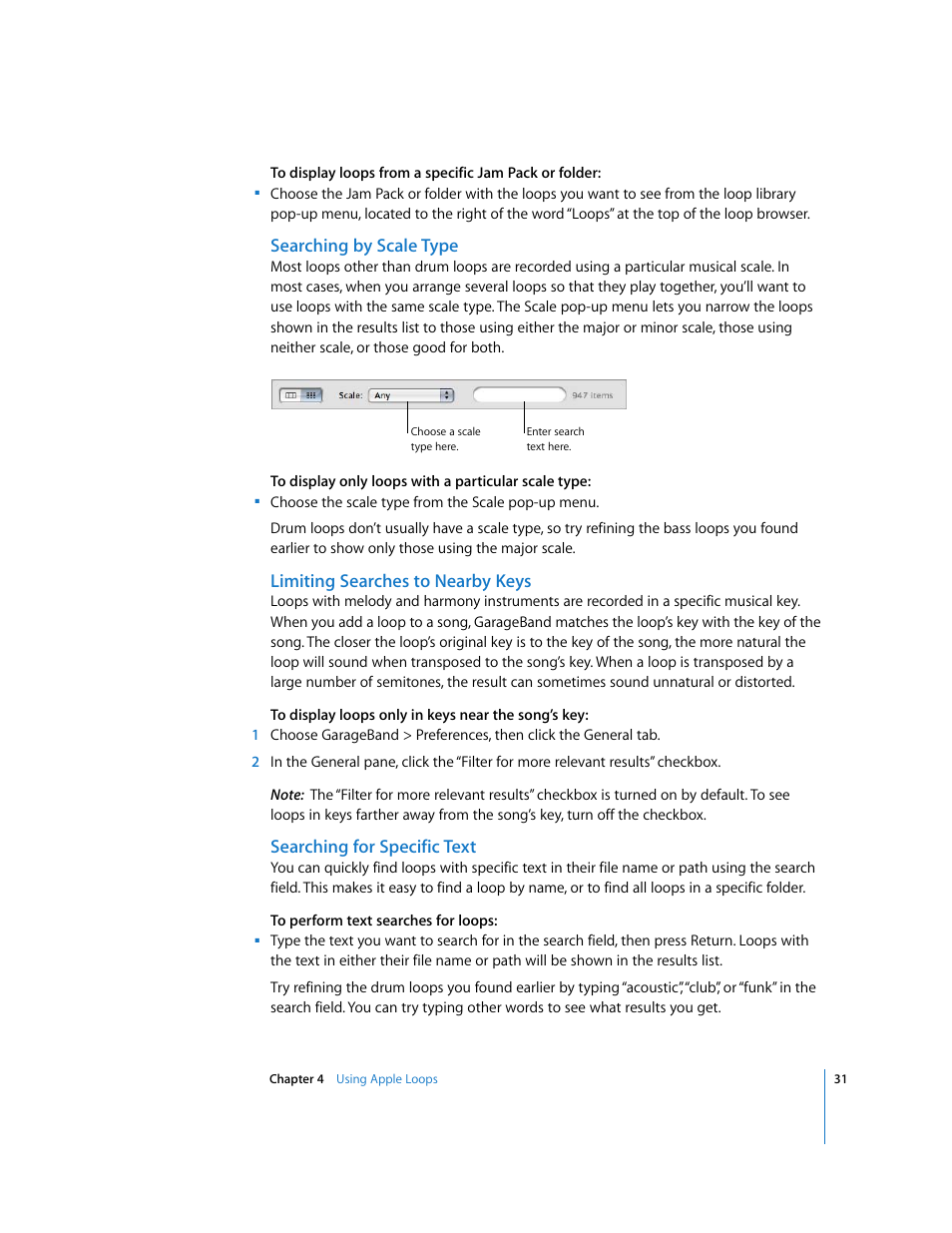 Searching by scale type, Limiting searches to nearby keys, Searching for specific text | Apple GarageBand 2.0 User Manual | Page 31 / 77