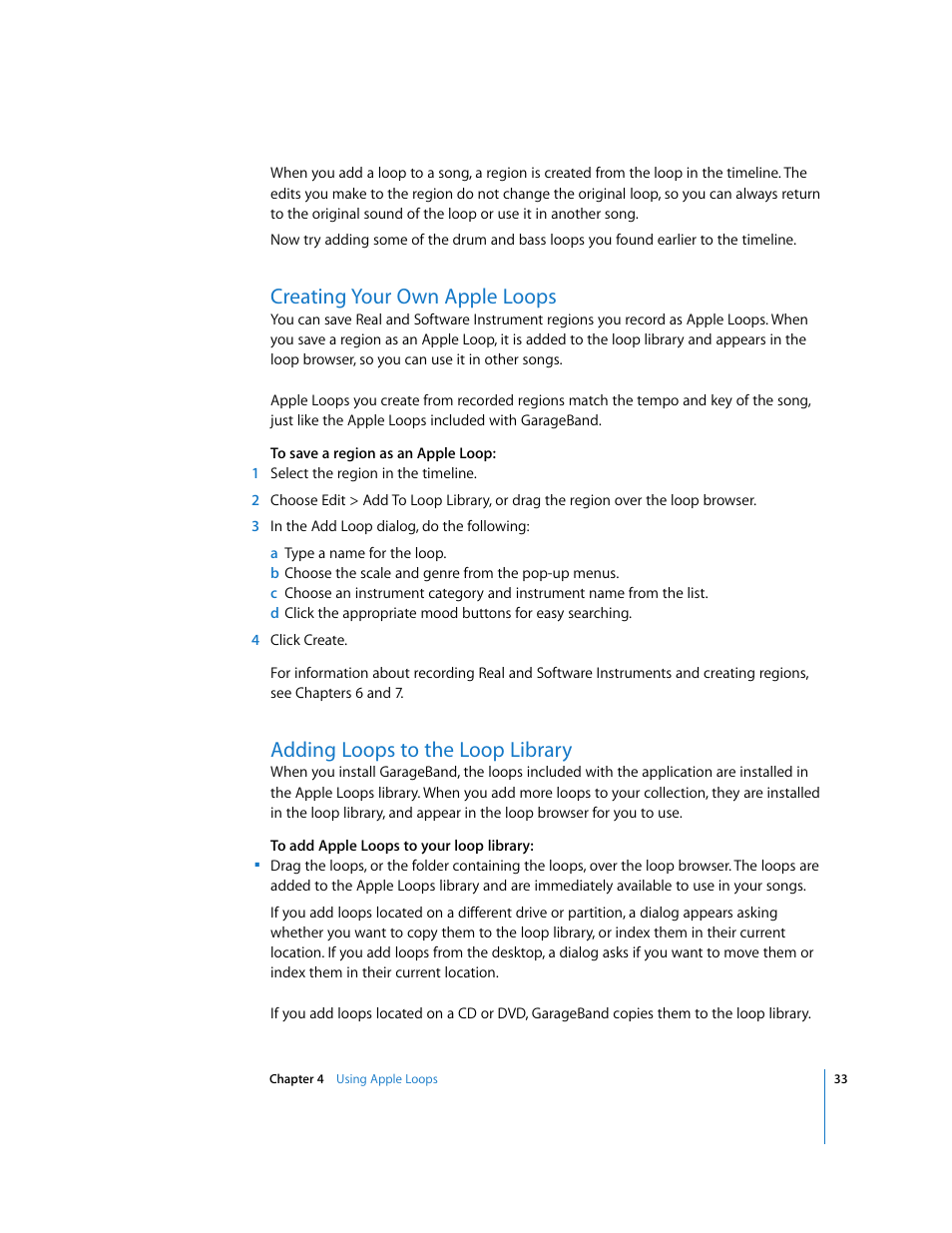 Creating your own apple loops, Adding loops to the loop library | Apple GarageBand 2.0 User Manual | Page 33 / 77