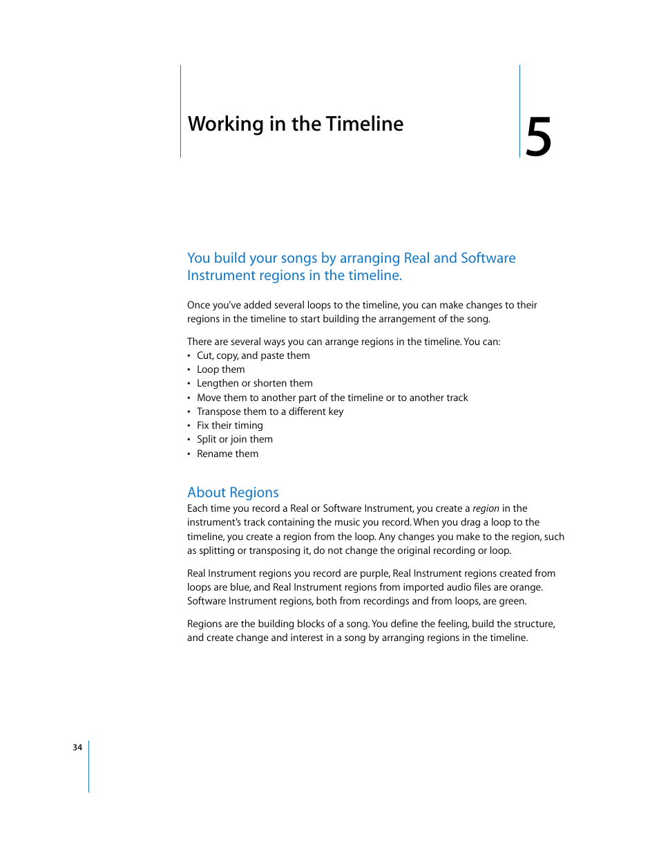 Working in the timeline, About regions, Chapter | Working in the timeline” de | Apple GarageBand 2.0 User Manual | Page 34 / 77