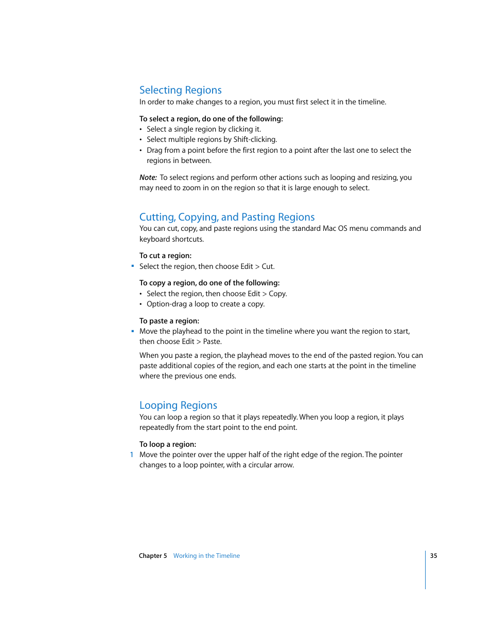 Selecting regions, Cutting, copying, and pasting regions, Looping regions | Apple GarageBand 2.0 User Manual | Page 35 / 77