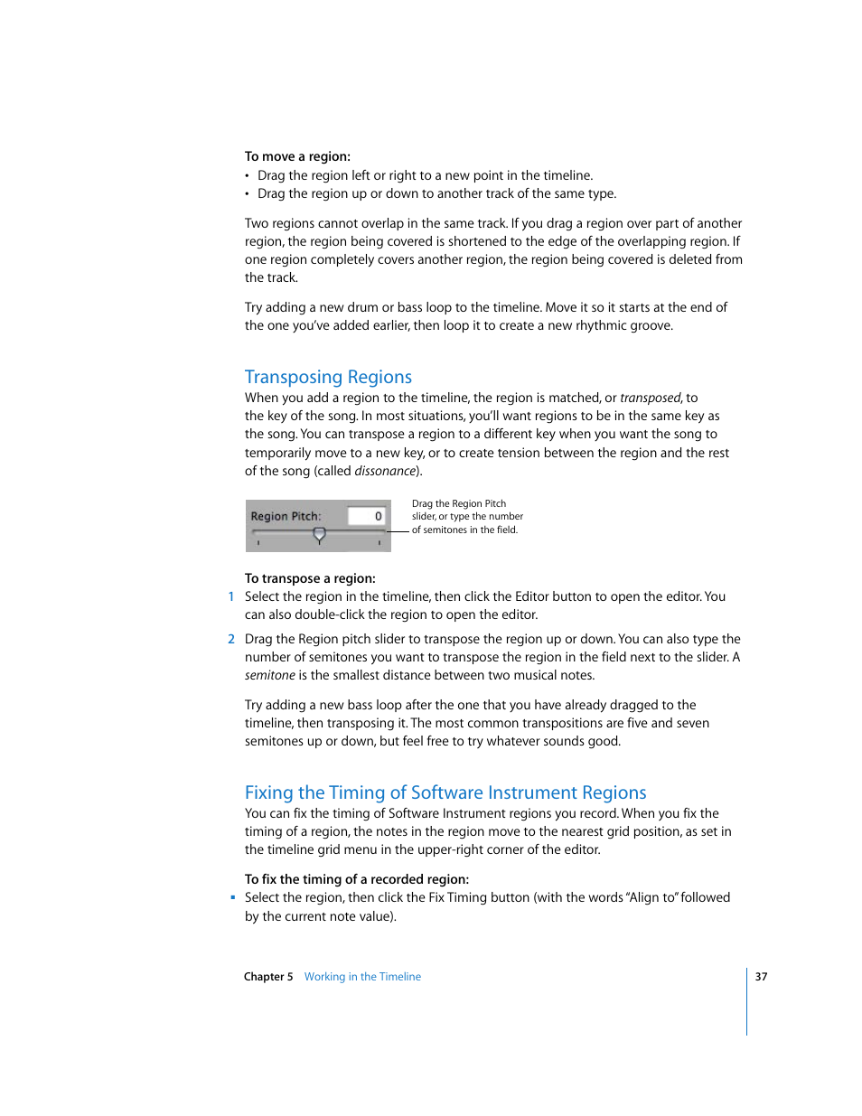 Transposing regions, Fixing the timing of software instrument regions | Apple GarageBand 2.0 User Manual | Page 37 / 77